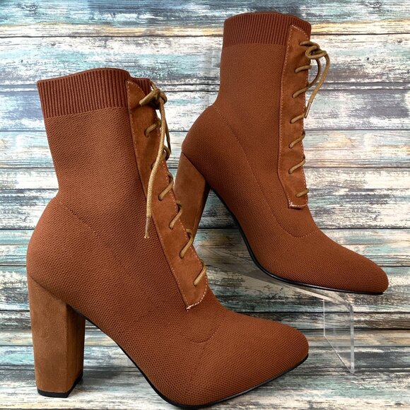 Cuccoo Shoes - Cuccoo Womens 10 Sock Bootie Pull on Dress Formal Workwear Brown Knit Lace Up